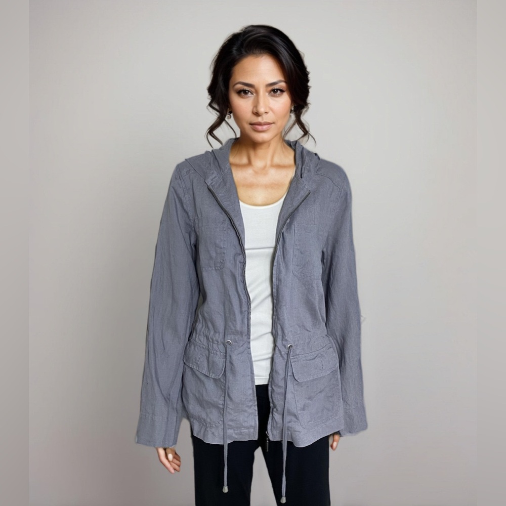 Kenar 100% Linen Jacket Women Sz L Grey Lightweight Casual Coastal lagenlook